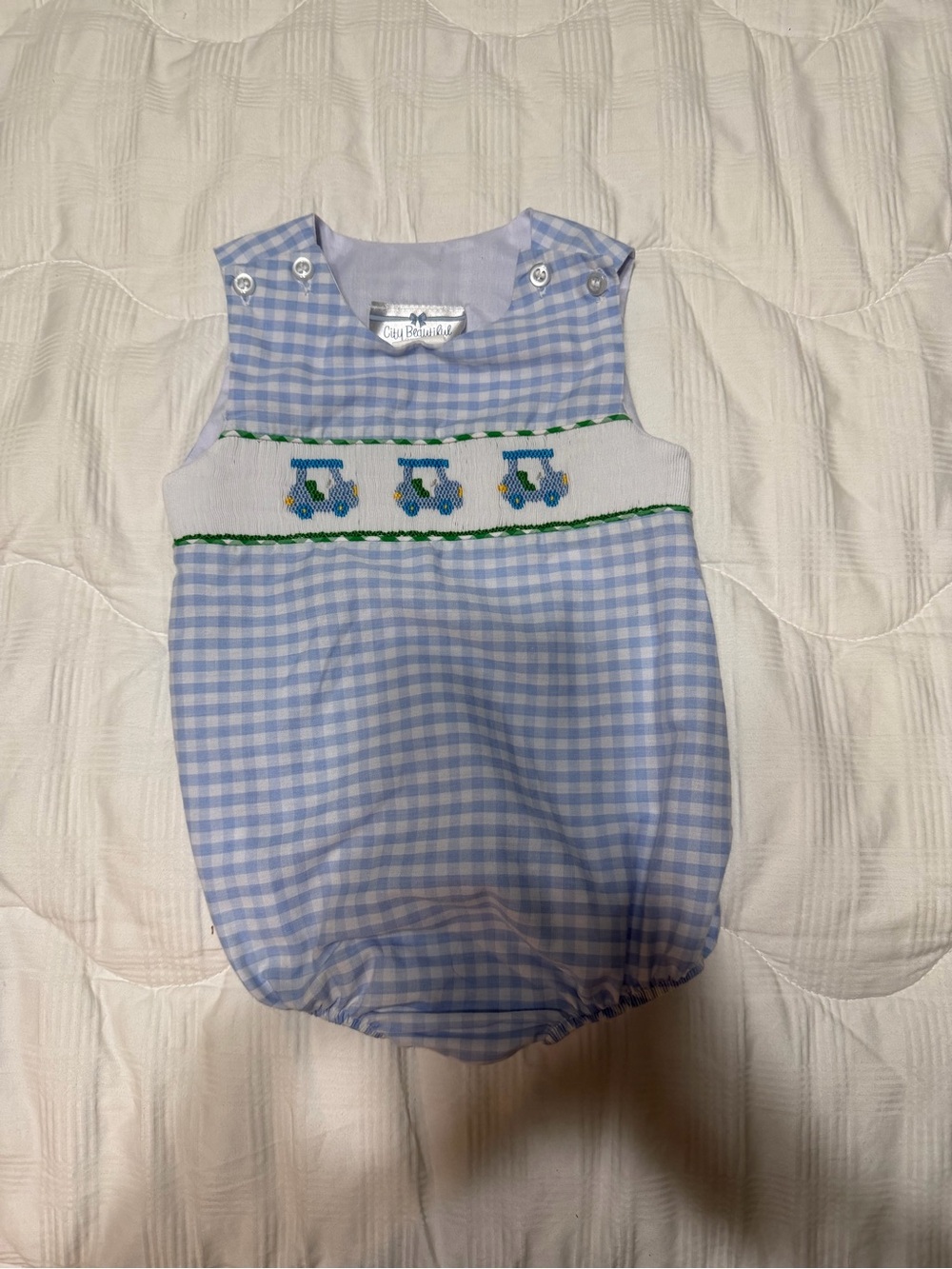 Blue Gingham Smocked Baby Bubble with Golf Cart 12m